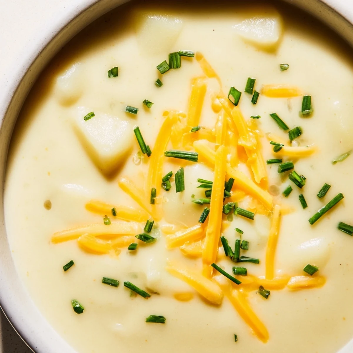 A bowl of creamy Irish Potato Leek Soup with Cheddar, garnished with fresh chives and extra cheese, served alongside crusty bread.  