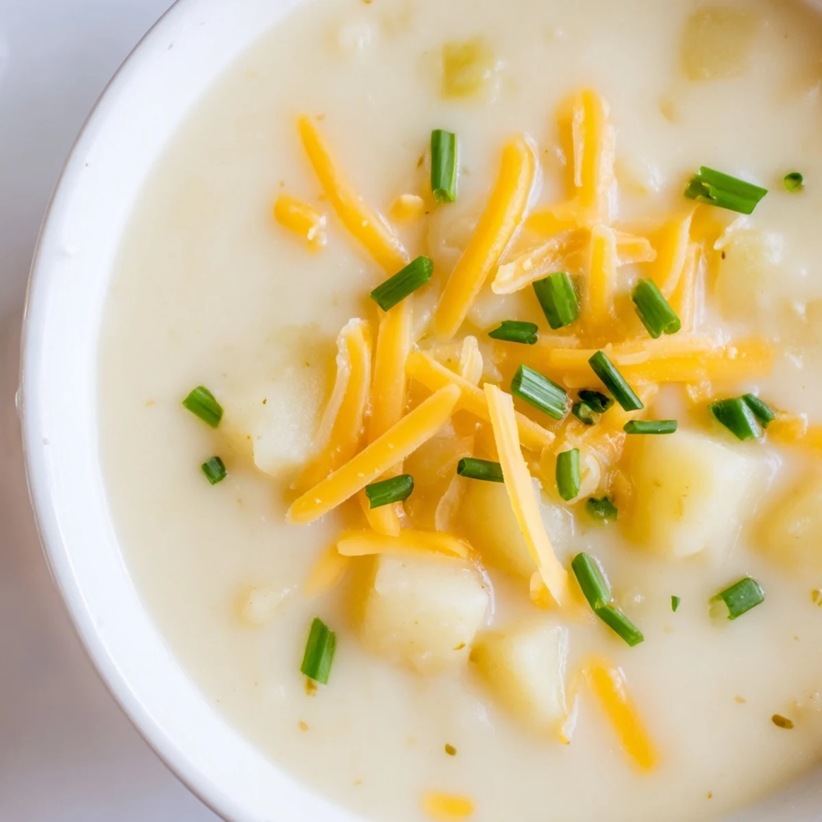 Smooth Irish Potato Leek Soup with Cheddar in a rustic bowl, steam rising from the velvety, pale green puree.  