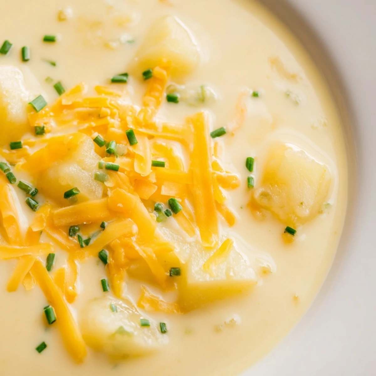 Hearty Irish Potato Leek Soup with Cheddar topped with melted cheese and chives, ready to enjoy on a cold day.