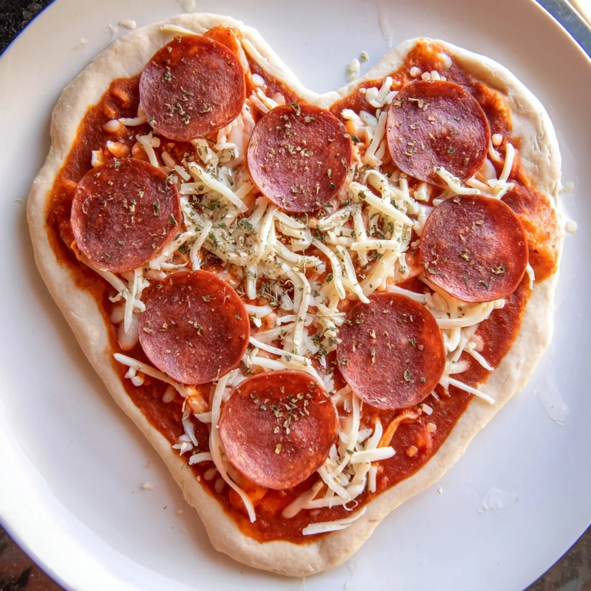 Golden, bubbly mozzarella and savory beef pepperoni top a tender, heart-shaped homemade crust, fresh from the oven.