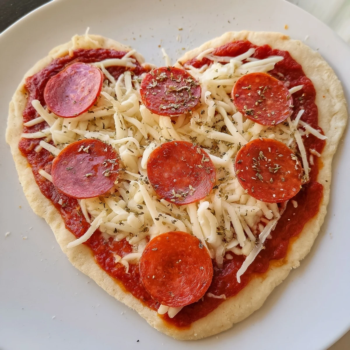 Close-up of a Heart Shaped Pepperoni Pizza garnished with fresh basil, served hot on a rustic wooden board.