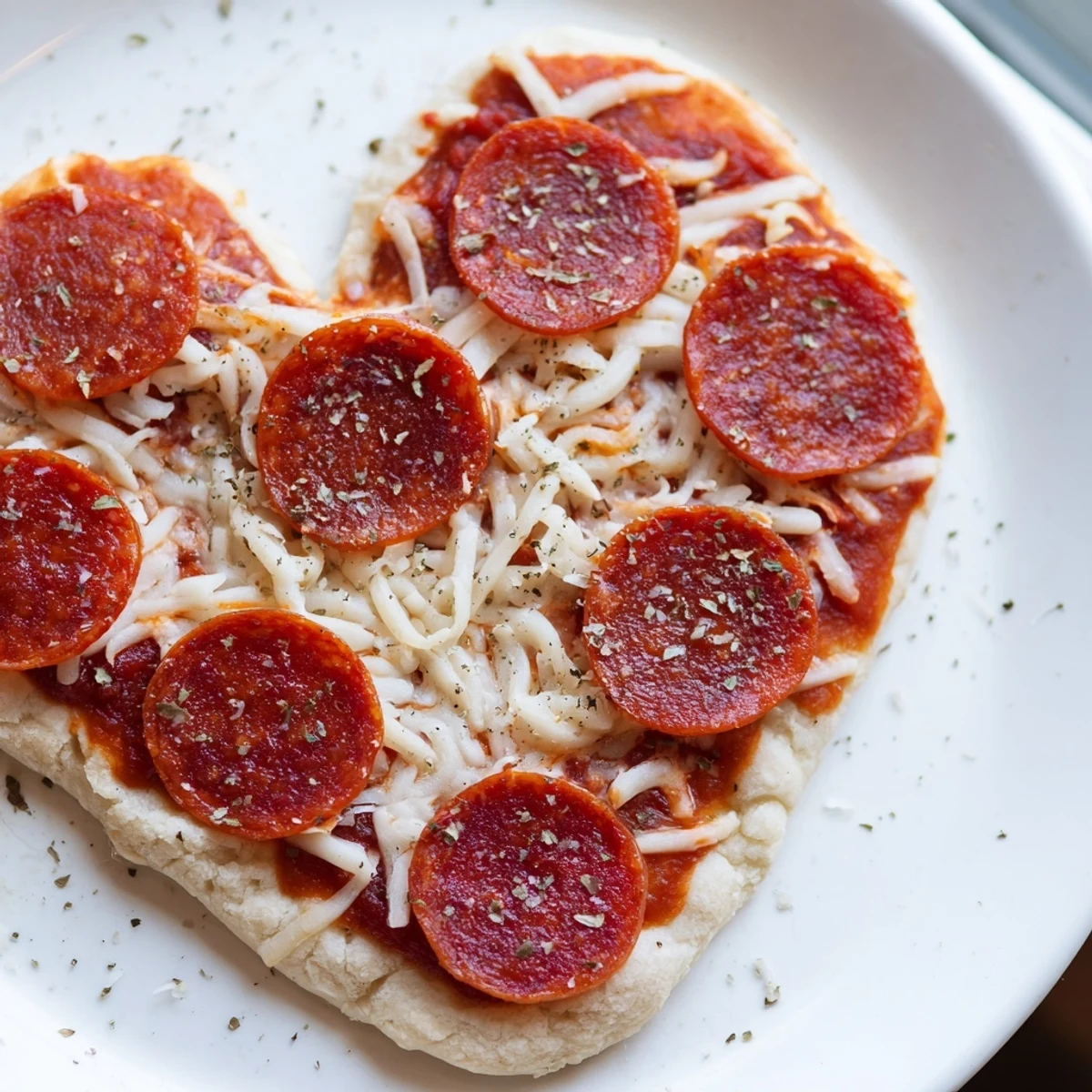 A festive Heart Shaped Pepperoni Pizza with rich tomato sauce and melty cheese on a romantic heart base.