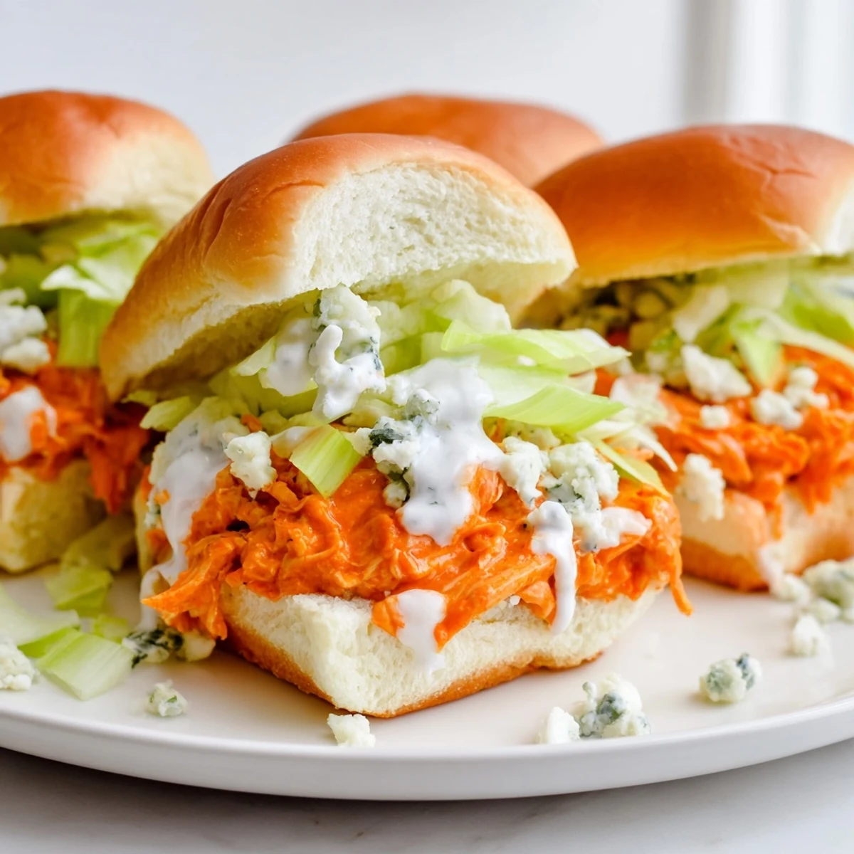 Golden toasted slider buns piled high with spicy buffalo chicken, topped with creamy blue cheese sauce and fresh celery.