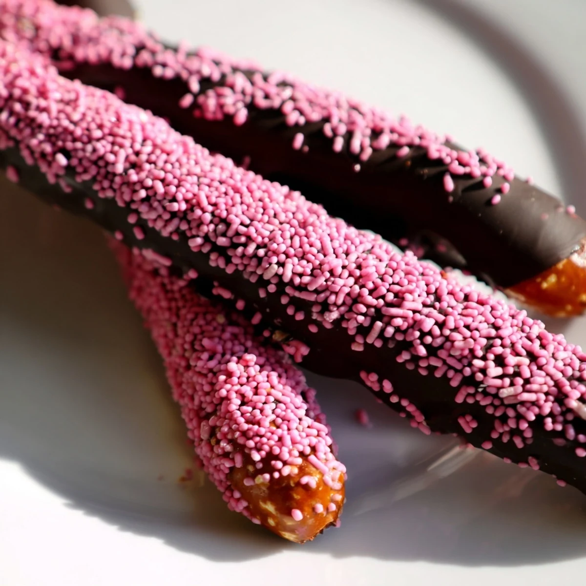 Chocolate Dipped Pretzels with Pink Sprinkles packed in clear bags for party favors and gifts.