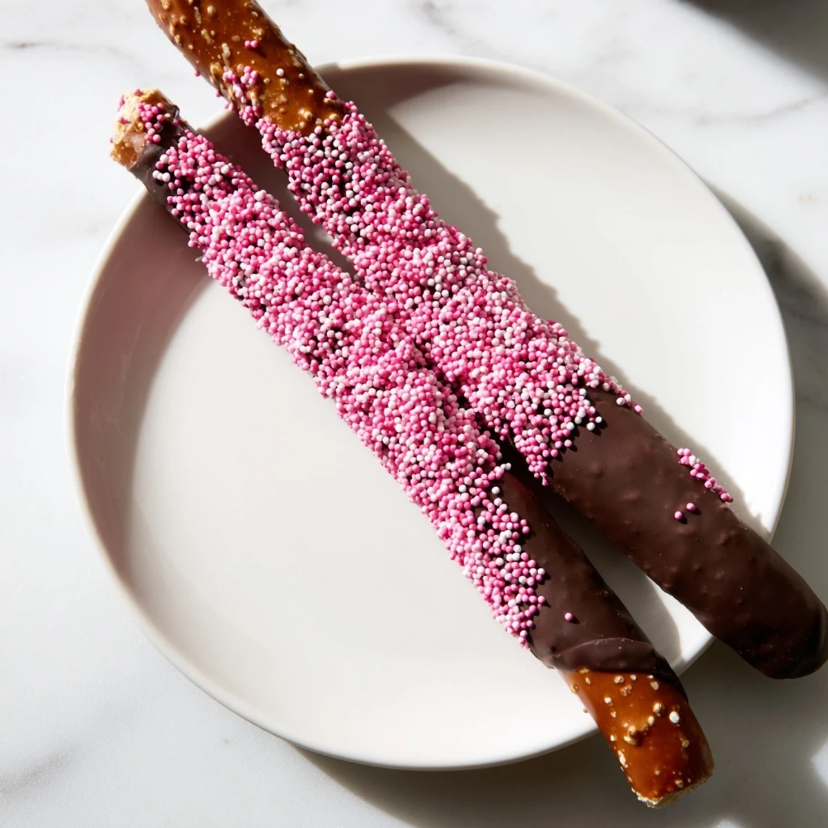 Two Chocolate Dipped Pretzels with Pink Sprinkles dipped in rich chocolate and garnished with sprinkles.