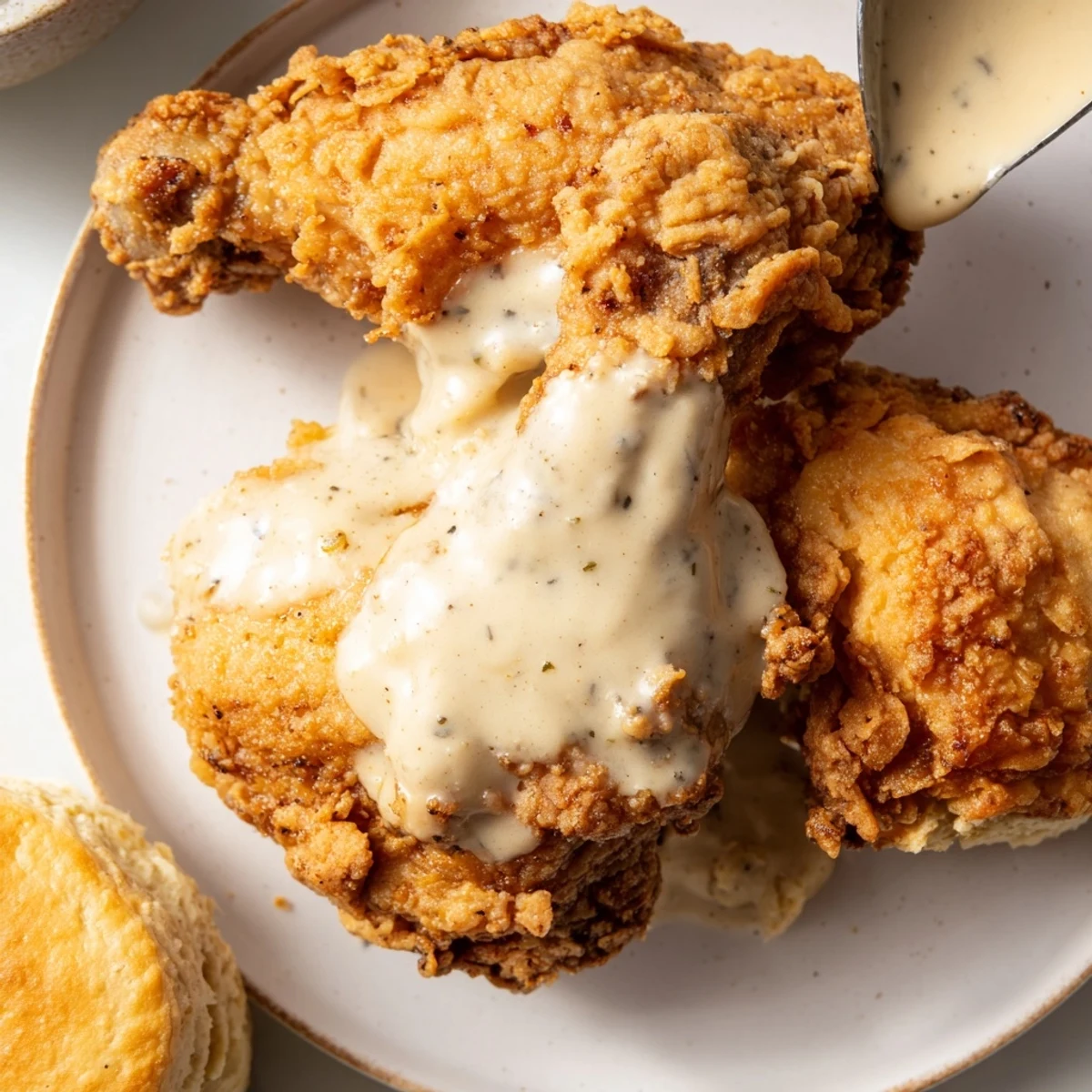 Golden-brown fried chicken pieces sit atop flaky buttermilk biscuits, drizzled with creamy, peppery gravy for a hearty Southern meal.  