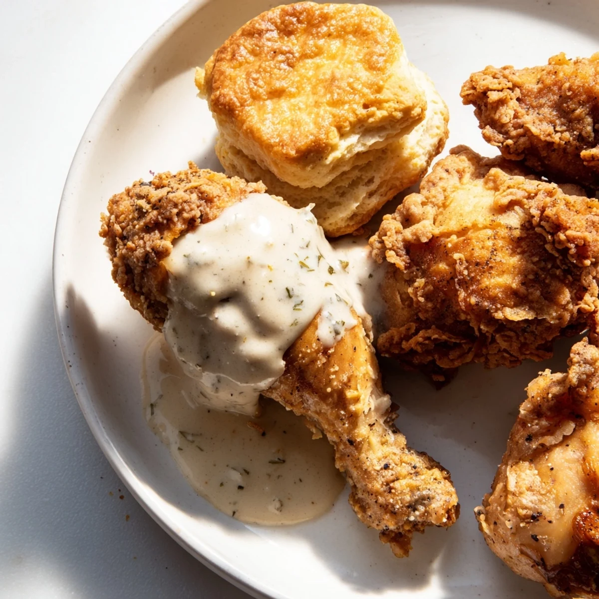 Golden fried chicken alongside fluffy biscuits and a generous ladle of savory peppered gravy on a rustic plate.