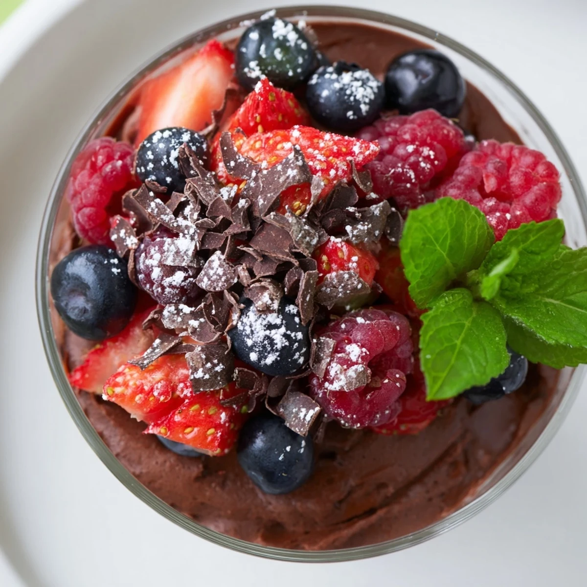 Creamy chocolate mousse in a glass, crowned with fresh strawberry and raspberry slices for a colorful dessert.