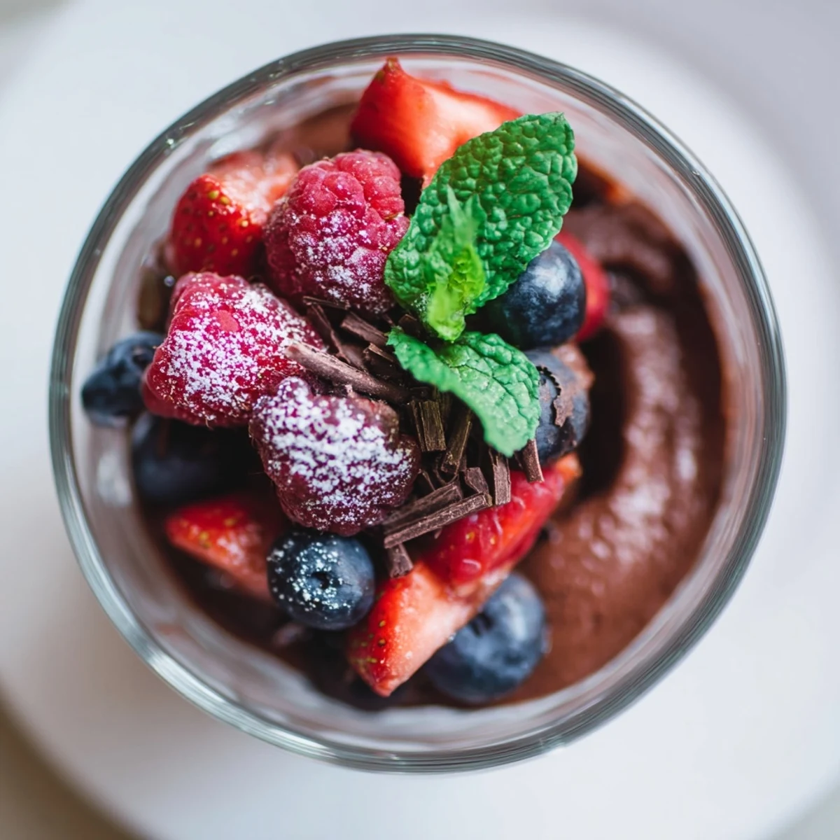 Rich chocolate mousse garnished with ripe blueberries and raspberries, creating a vibrant, indulgent dessert presentation.