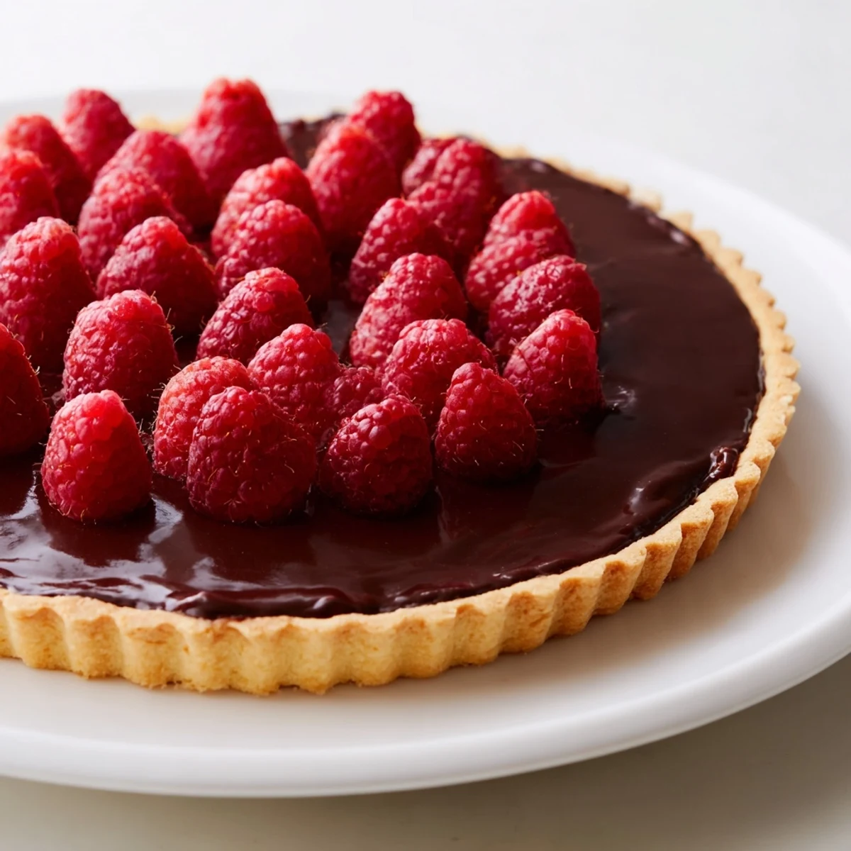 A vibrant Raspberry Tart with Chocolate Ganache sits on a marble counter, topped with glossy red berries and a dusting of powdered sugar.