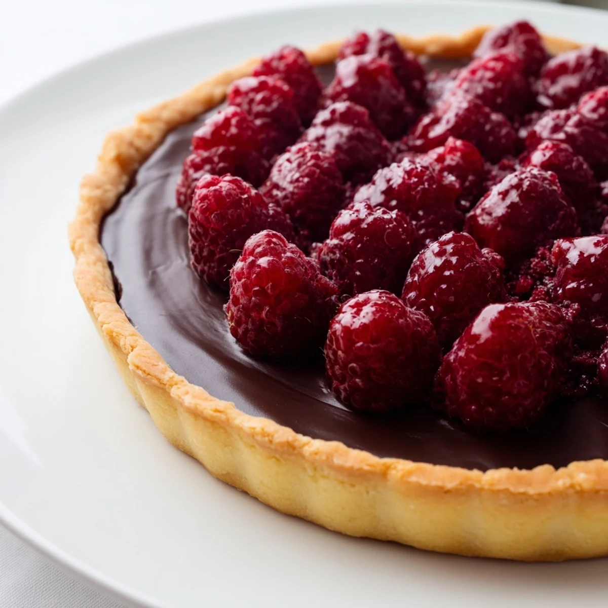 Fresh raspberries artfully arranged on a whole Raspberry Tart with Chocolate Ganache, ready to be served at a summer gathering.