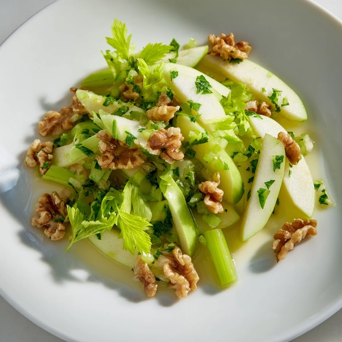 Fresh slices of crisp apples, celery, and toasted walnuts tossed in a light lemon dressing for this Apple and Celery Salad.  
