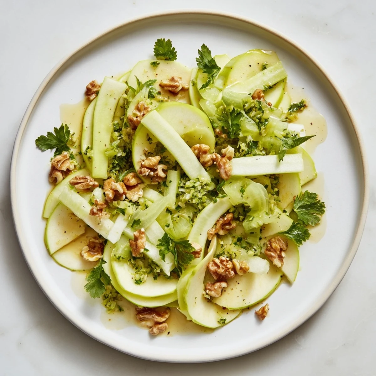 Serving a chilled Apple and Celery Salad with walnuts, perfect as a refreshing side dish for a healthy lunch.