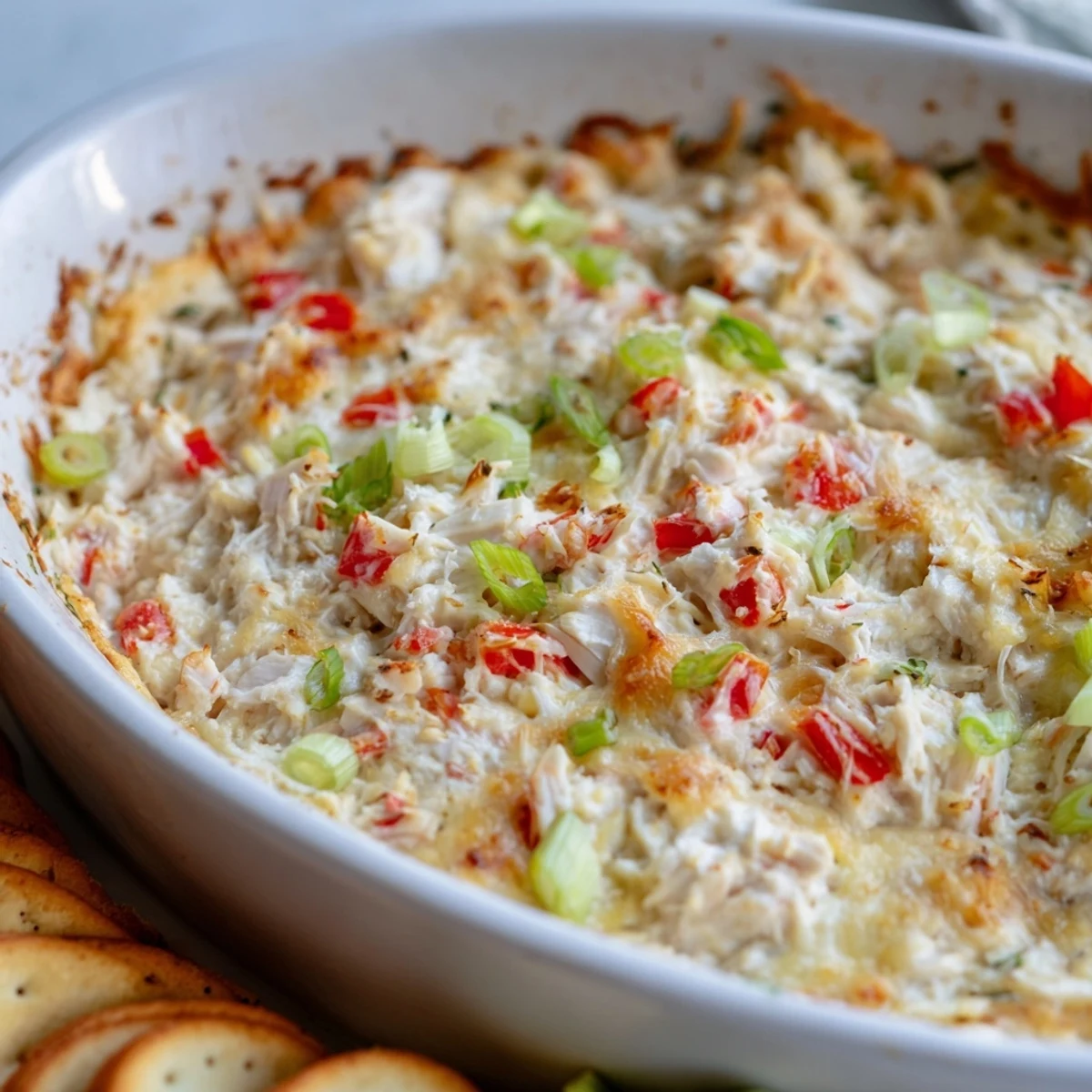 Appetizer platter of hot Crab Dip with Crackers and Crostini, garnished with parsley for gatherings.