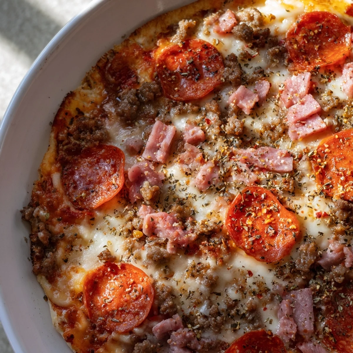 A close-up of a hearty Meat Lover Pizza with Beef Toppings, featuring melted mozzarella and a golden, crisp crust.  