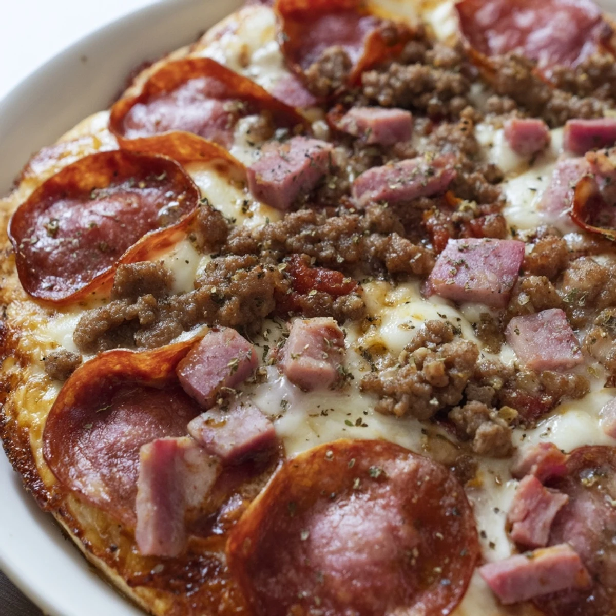 A steaming slice of Meat Lover Pizza with Beef Toppings shows layers of ground beef, pepperoni, and sausage.