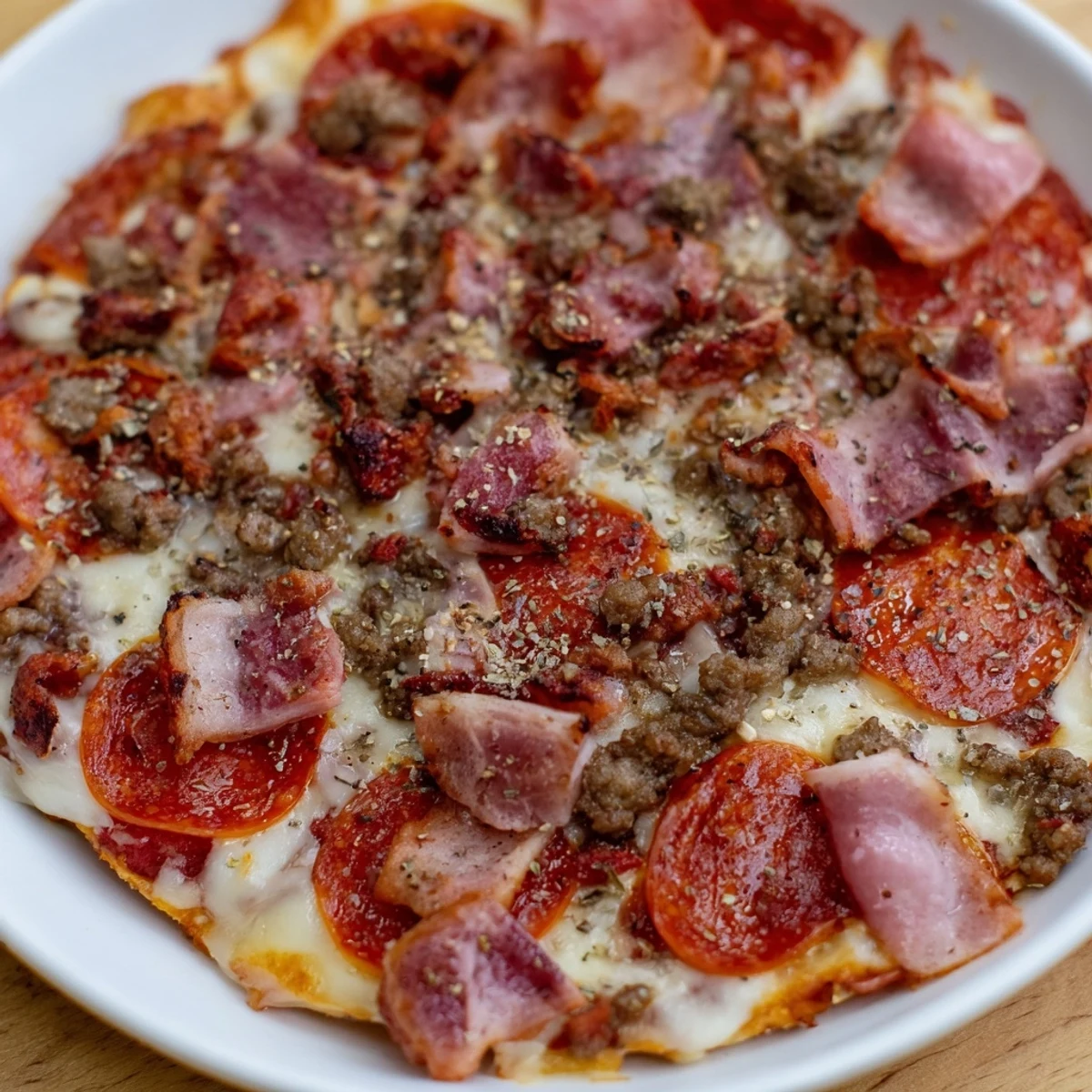 Slices of Meat Lover Pizza with Beef Toppings are arranged on a wooden board with fresh basil and a side of marinara.  