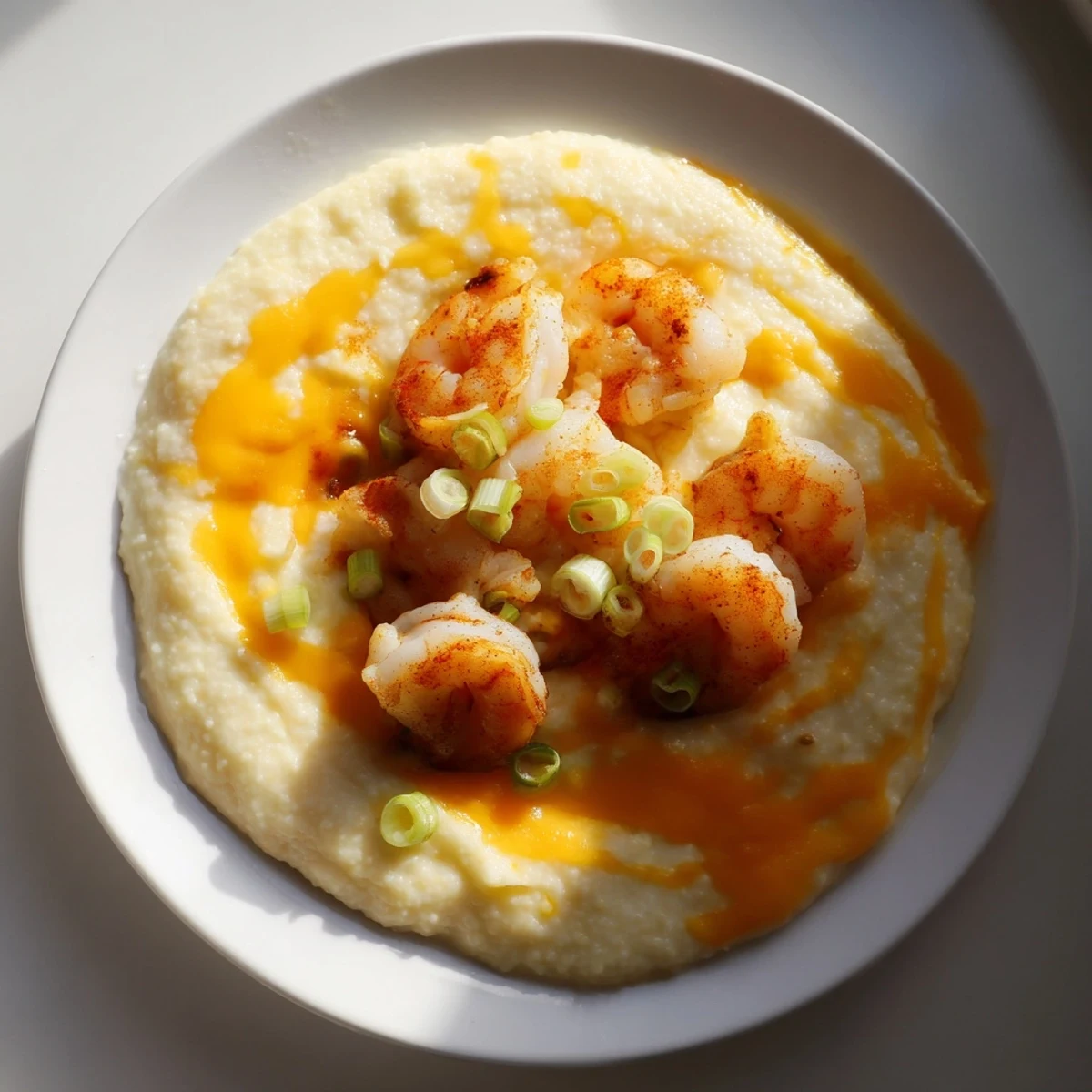 Creamy cheddar grits topped with sautéed shrimp, garnished with fresh parsley and sliced scallions, a Southern classic.