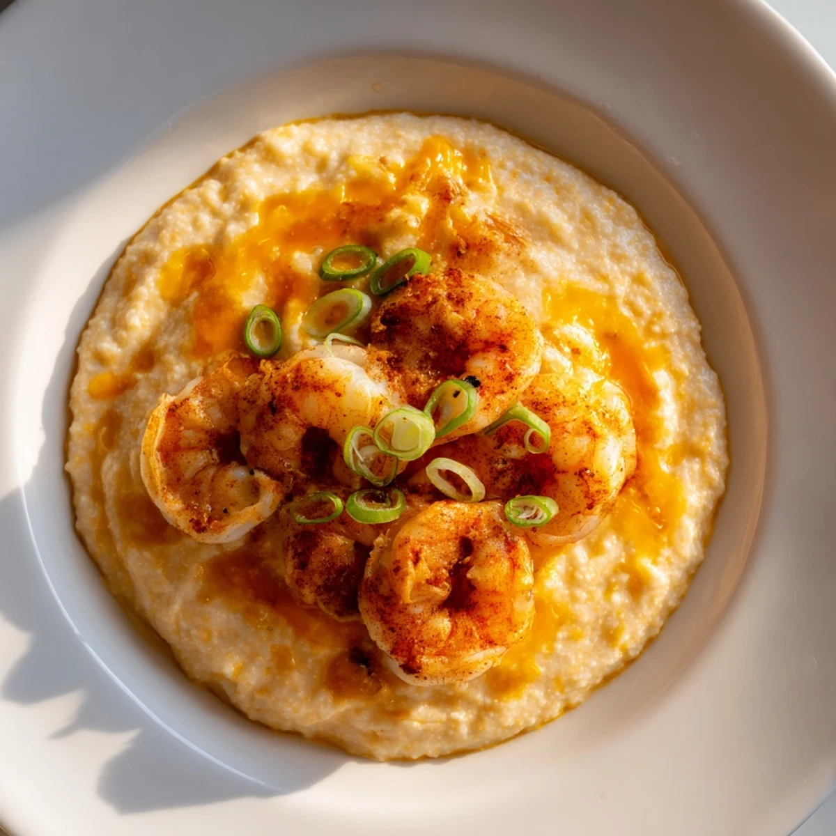 Savory Shrimp and Grits with Cheddar Cheese, served in a rustic bowl with a lemon wedge and extra cheese.