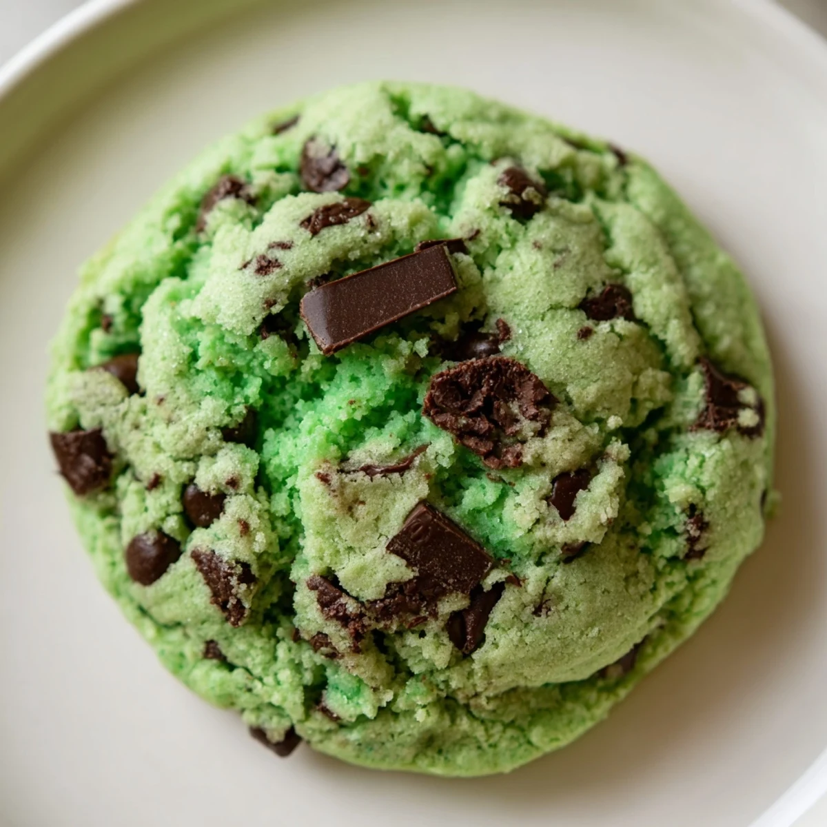 Close-up of Mint Chip Cookies on a wire rack, vibrant green dough with chocolate chunks and a cooling scent of mint.