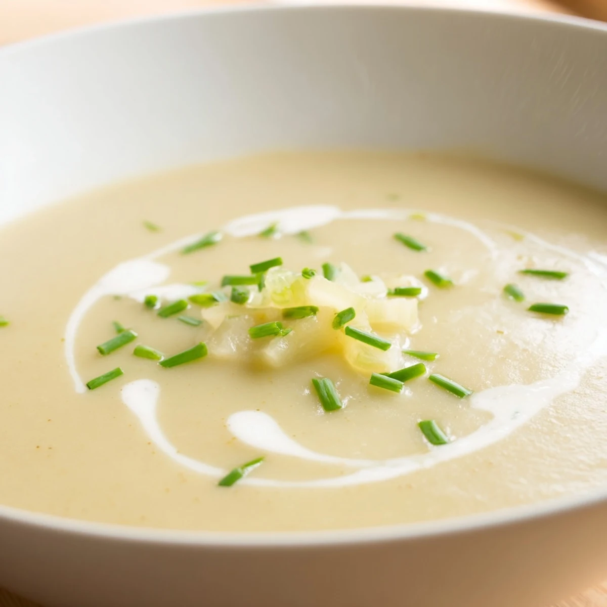 Creamy Leek and Potato Soup with Cream in a rustic bowl, garnished with fresh chives and a delicate swirl of cream, served hot.