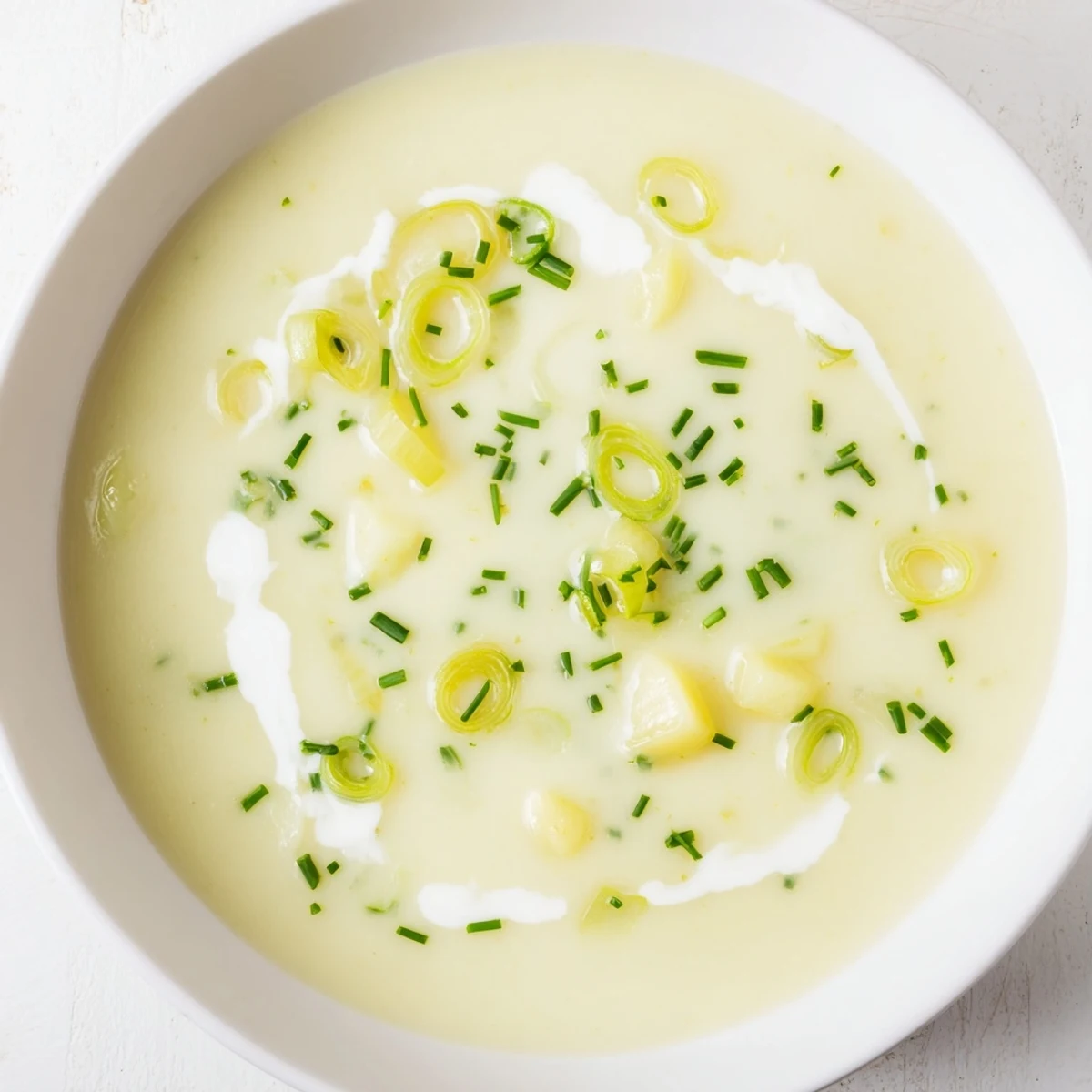 A rustic French-style Leek and Potato Soup with Cream, featuring tender leeks and potatoes blended smooth, ready to enjoy.