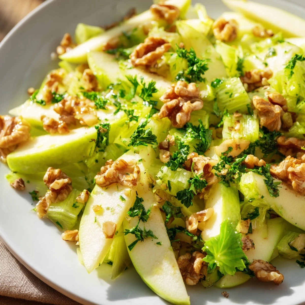 A crisp apple and celery salad with toasted walnuts, dressed in a bright lemon vinaigrette for a refreshing, healthy side dish.
