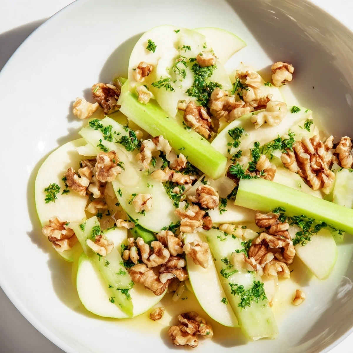 Fresh apple and celery salad with crunchy walnuts, prepared in a stainless steel mixing bowl with a light lemony finish.