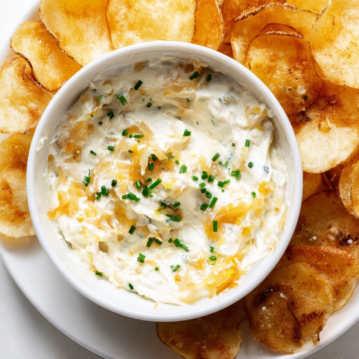 Creamy, caramelized onion dip served in a bowl alongside golden, crispy homemade potato chips for snacking.