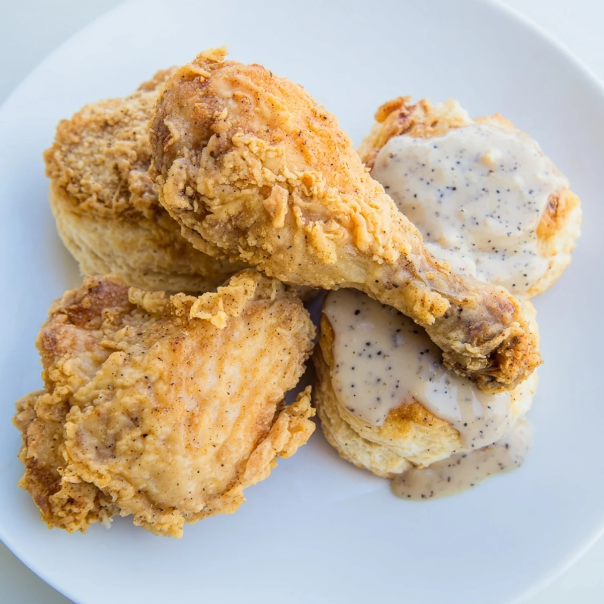 A close-up view shows juicy fried chicken and tender biscuits smothered in rich, white pepper-flecked Southern gravy.