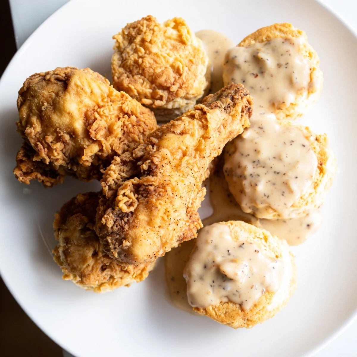 Golden, crispy fried chicken rests beside fluffy, buttery biscuits, all generously drizzled with creamy, peppery country gravy.