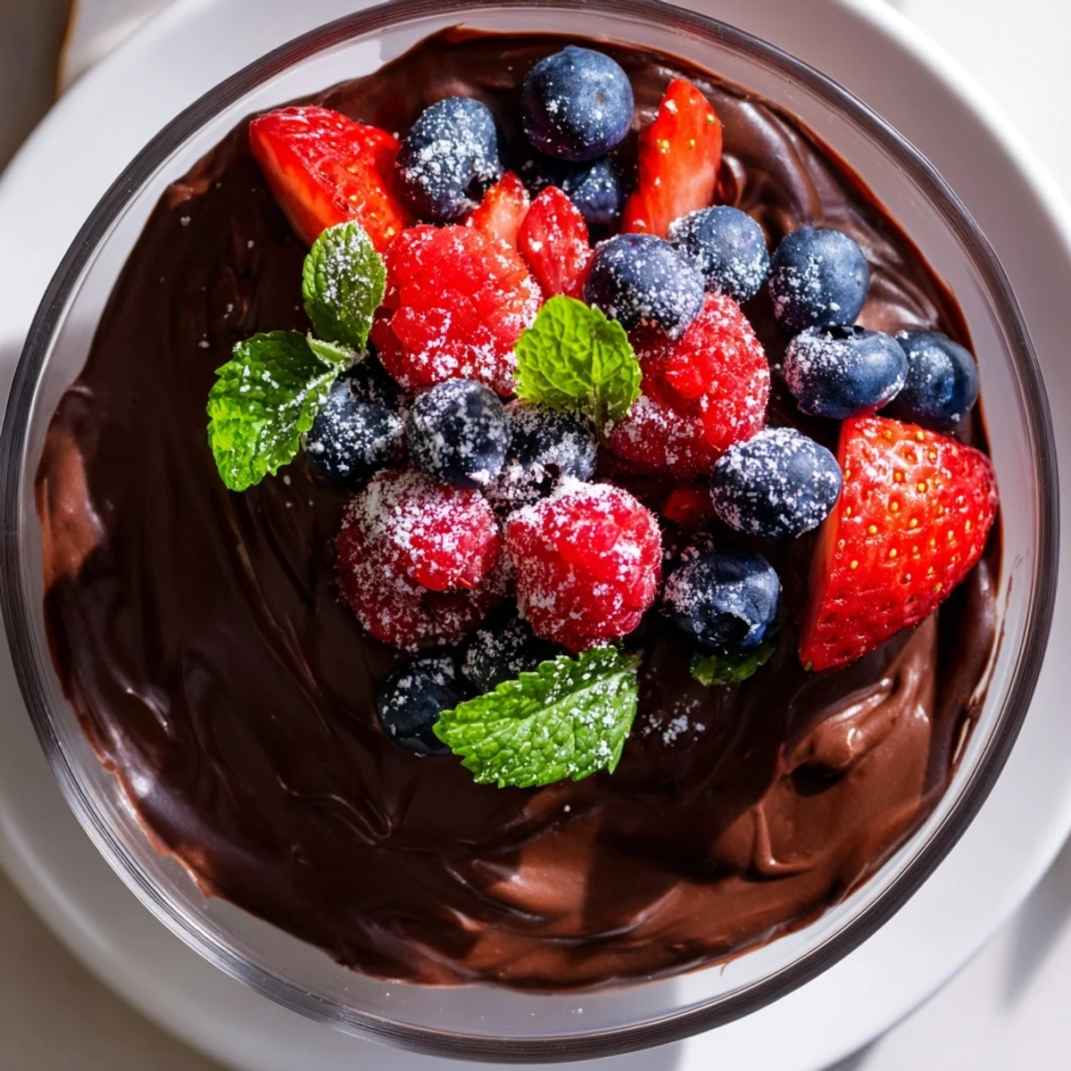 A close-up of creamy chocolate mousse in a glass, topped with fresh mixed berries and a mint leaf.