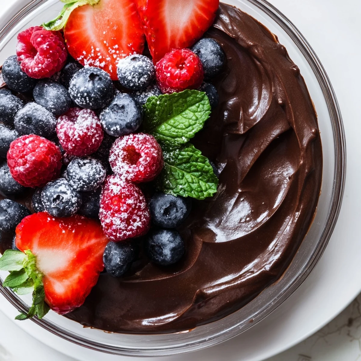 Dark chocolate mousse with mixed berries dessert served elegantly, showing rich texture and vibrant fruit colors.