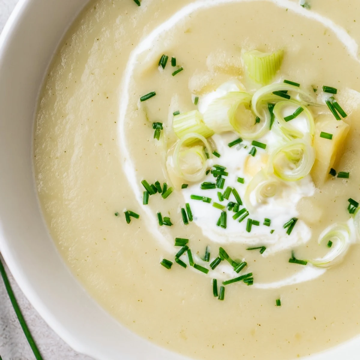 Creamy Leek and Potato Soup steaming in a rustic bowl, garnished with fresh chives and served alongside crusty bread.