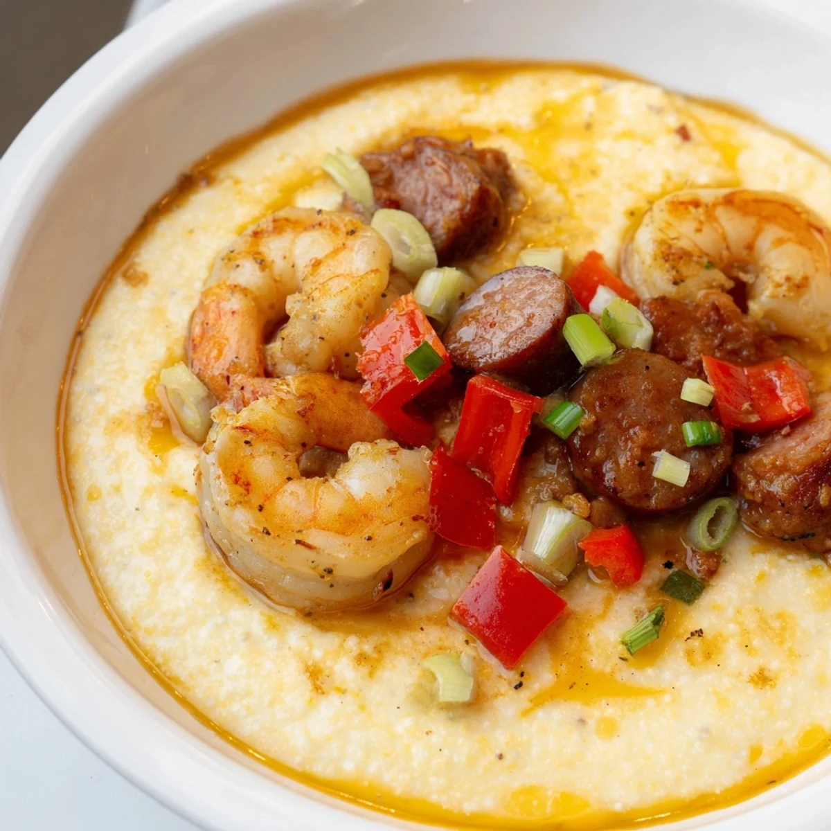 Creamy cheddar cheese grits topped with succulent, sautéed shrimp in a savory sauce, a Southern comfort classic.