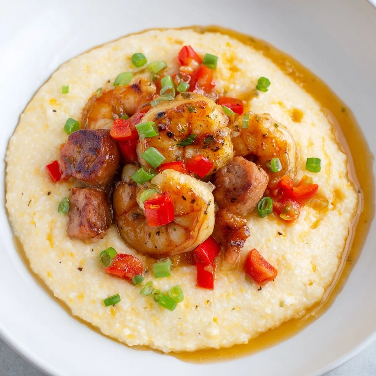 Sizzling Shrimp and Grits with Cheddar Cheese featuring andouille sausage and red bell peppers for a spicy, smoky kick.