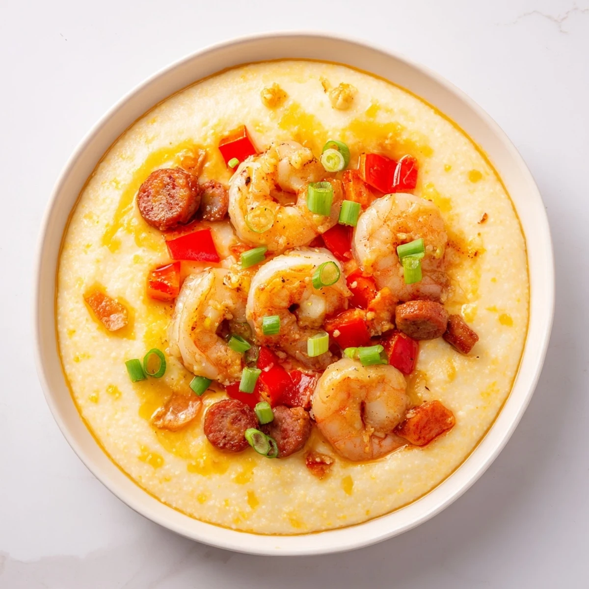 Shrimp and Grits with Cheddar Cheese served hot, garnished with scallions and a lemon wedge on a rustic table.