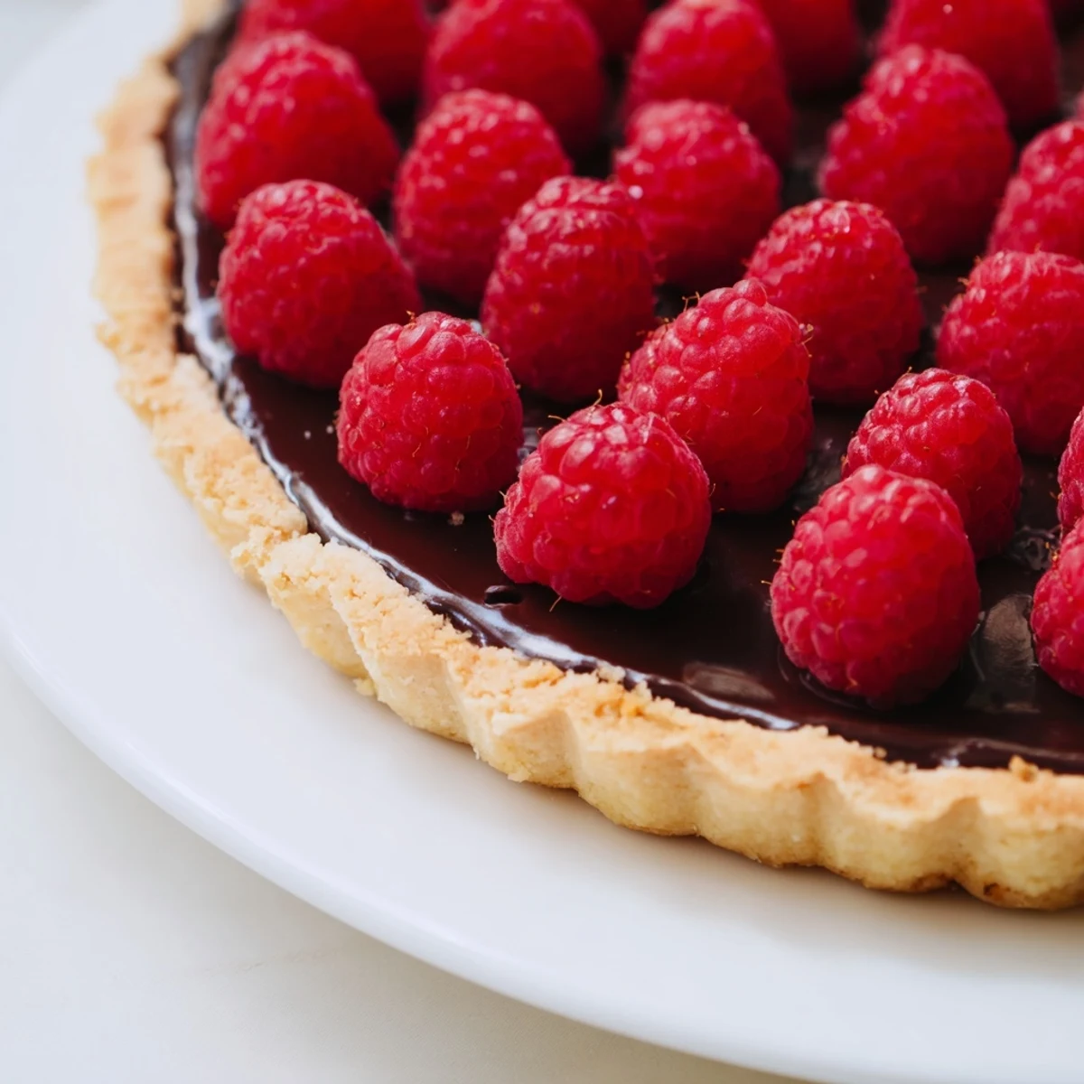 A close-up of a raspberry tart with chocolate ganache, fresh berries glistening on a glossy dark chocolate layer atop a golden crust.