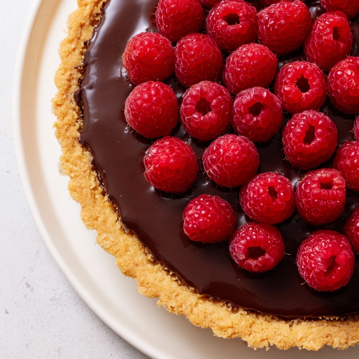 Slice of rich chocolate ganache tart with vibrant fresh raspberries, served on a white plate for an elegant dessert presentation.