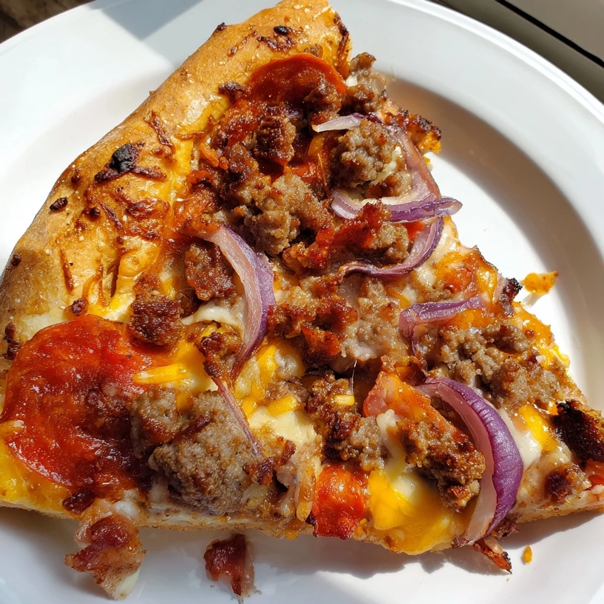 Overhead view of the Meat Lover Pizza with Beef Toppings, cut into eight slices to show the hearty layers of meat.