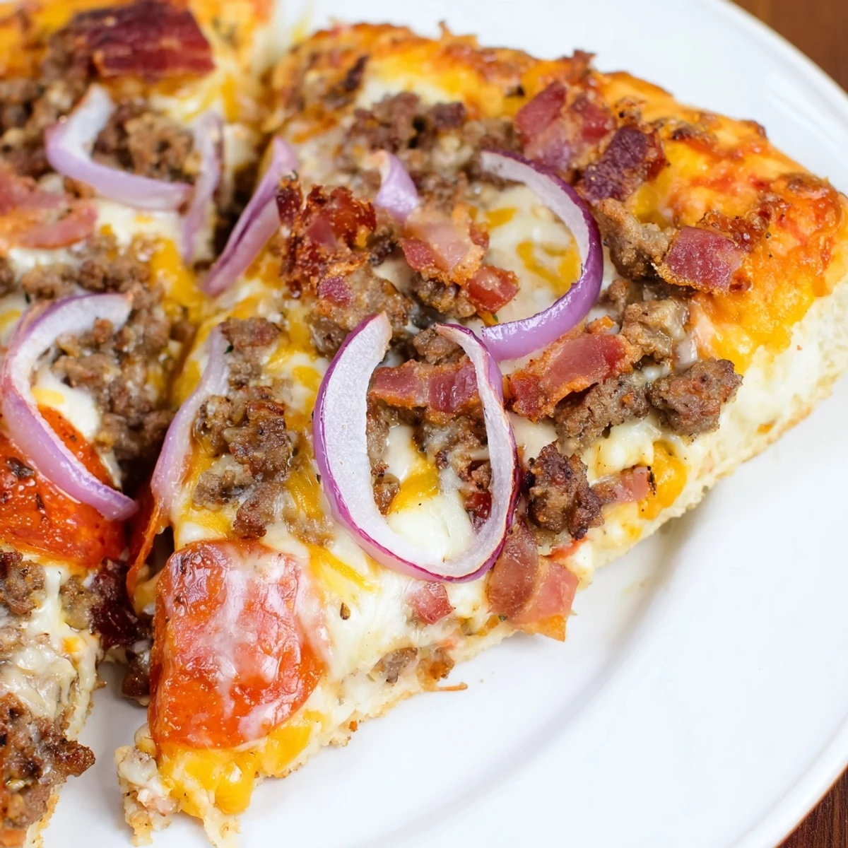 A freshly baked Meat Lover Pizza with Beef Toppings, garnished with fresh oregano and served on a rustic wooden board.