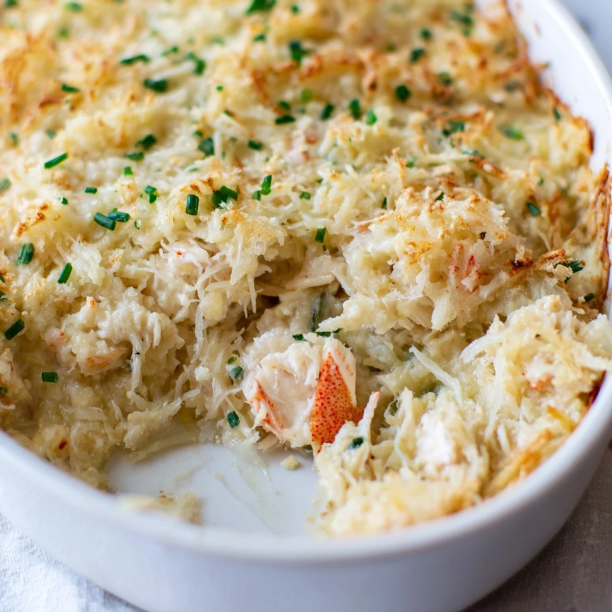 Creamy Crab Dip with Crackers and Crostini, golden-baked and bubbly, garnished with fresh chives and parsley.