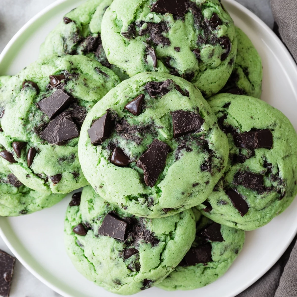 Stack of soft Mint Chip Cookies showing minty green dough and dark chocolate chunks, perfect for dessert.