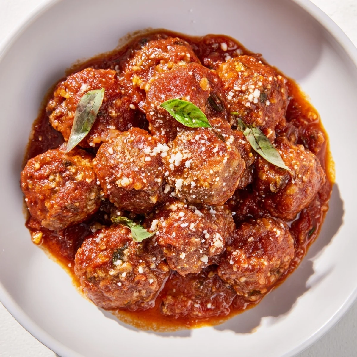 Hearty beef meatballs simmered in rich marinara sauce, served over spaghetti with fresh basil and grated Parmesan.