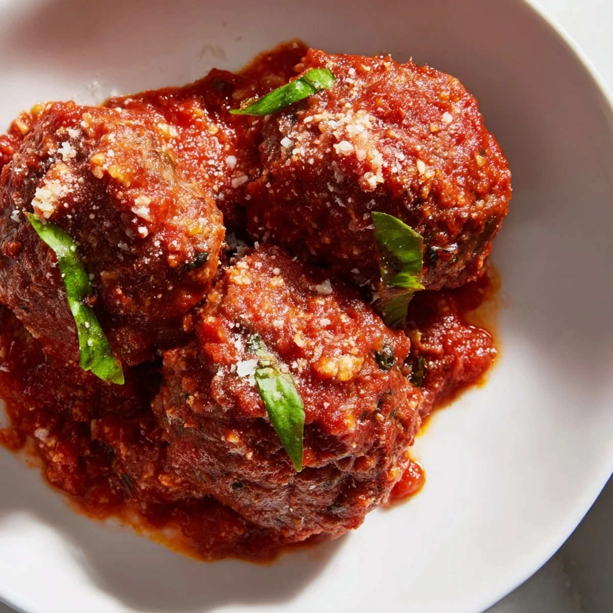 Simmered beef meatballs in a thick, herb-infused marinara sauce, ready to spoon over spaghetti or crusty bread.