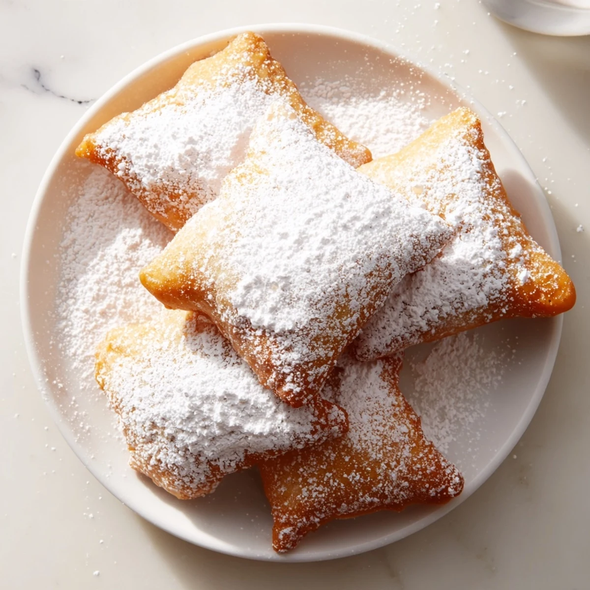 Freshly fried Mardi Gras Fried Dough with Sugar squares, coated in granulated sugar, served warm alongside steaming cups of coffee.