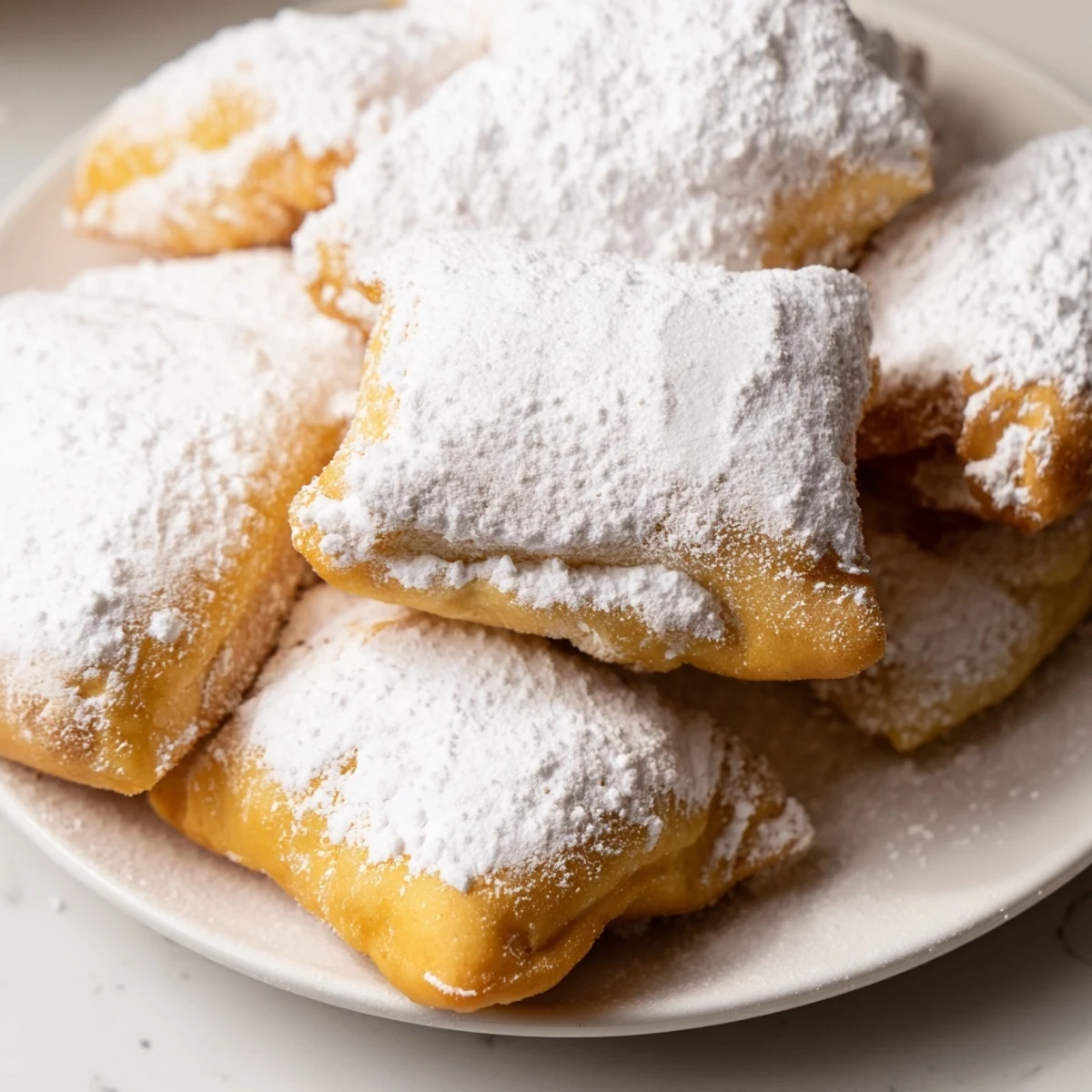 A close-up view of Mardi Gras Fried Dough with Sugar, showcasing the golden-brown texture and generous sprinkling of sweet sugar.