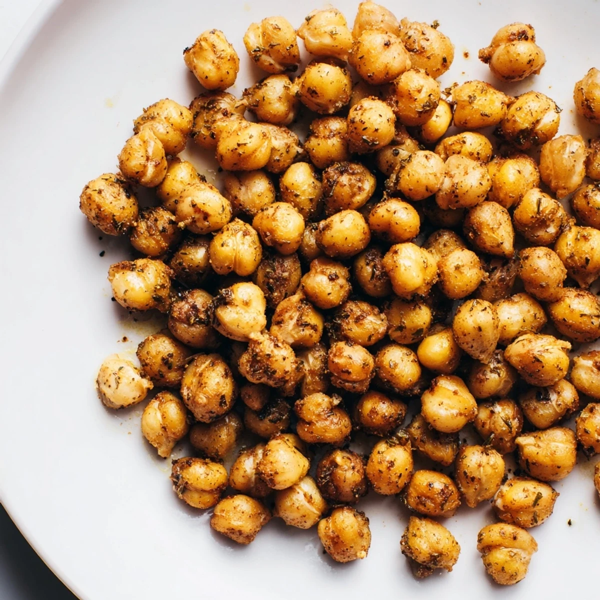 Golden, crispy Cajun Spiced Roasted Chickpeas glistening with paprika and herbs on a rustic plate.