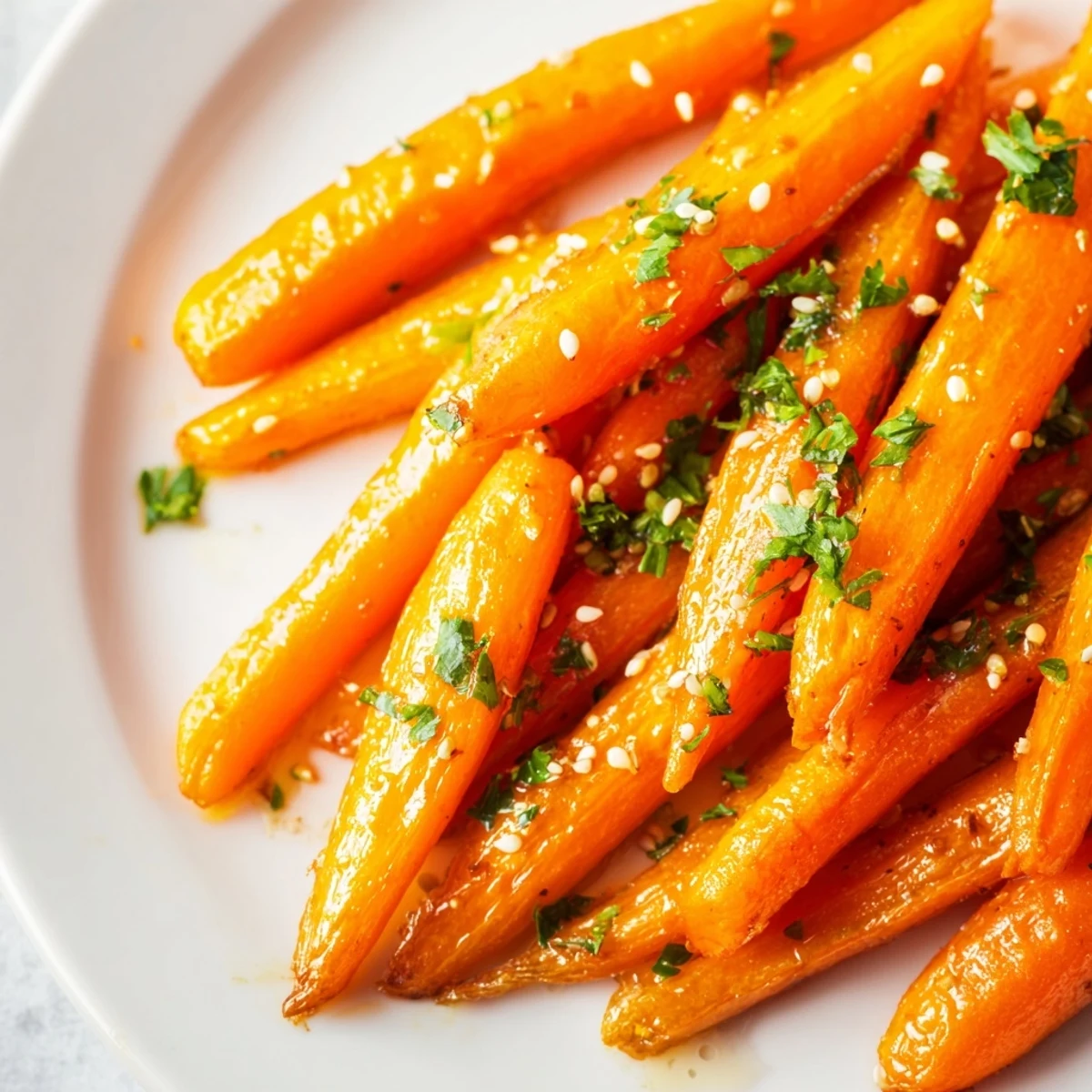 Tender roasted carrots with honey glaze, garnished with sesame seeds and fresh herbs for a gluten-free side dish.