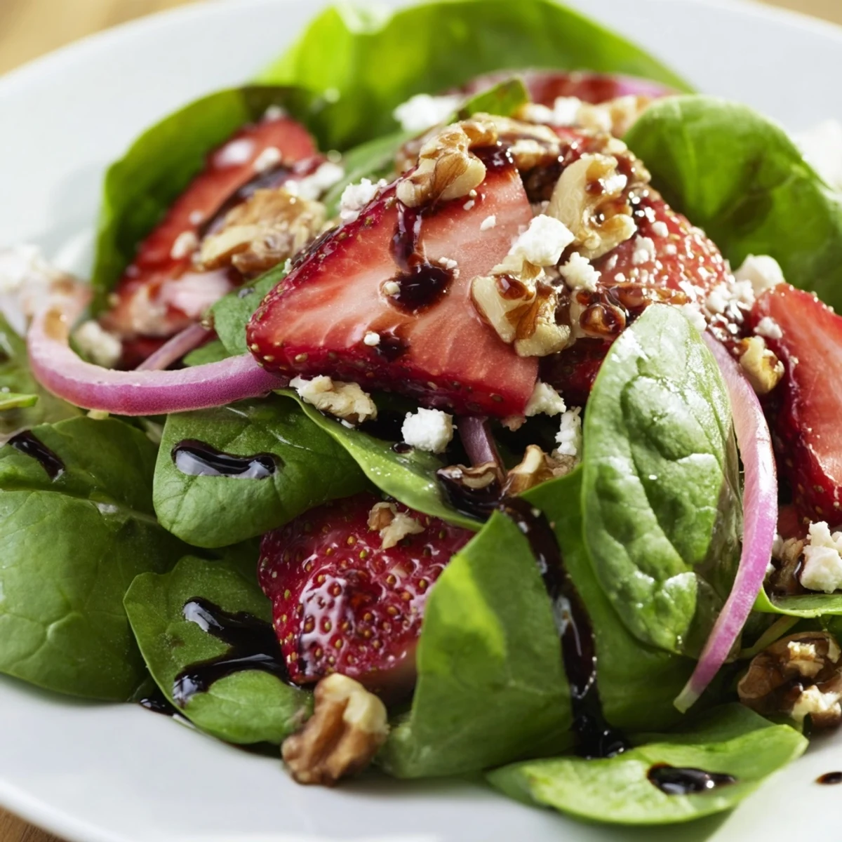 Fresh baby spinach leaves topped with sliced sweet strawberries, chopped walnuts, and optional feta cheese, drizzled with homemade balsamic vinaigrette for a vibrant salad.